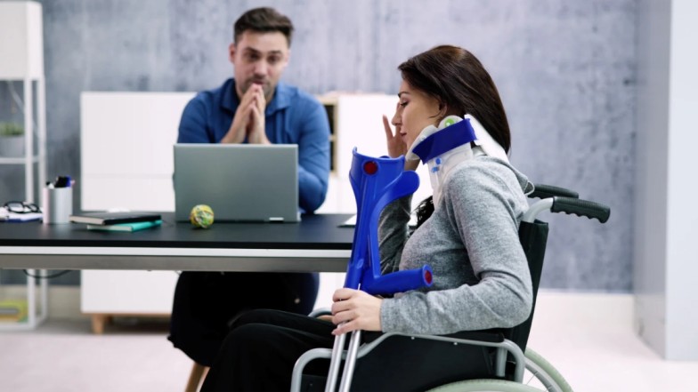 Client discussing Personal Injury case fees with a lawyer in office.
