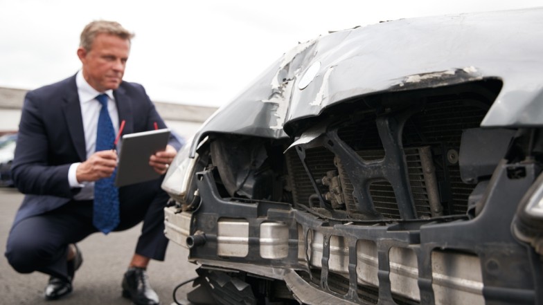 Insurance adjuster checking heavily damaged car after accident