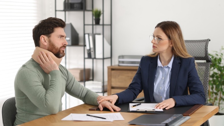 Injured client looking stressed while lawyer explains low settlement offer from insurance company