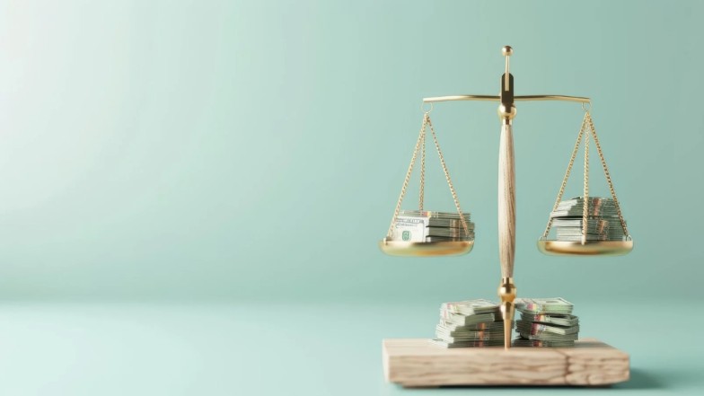 Symbolic image of justice scale balancing lawyer fees and client compensation
