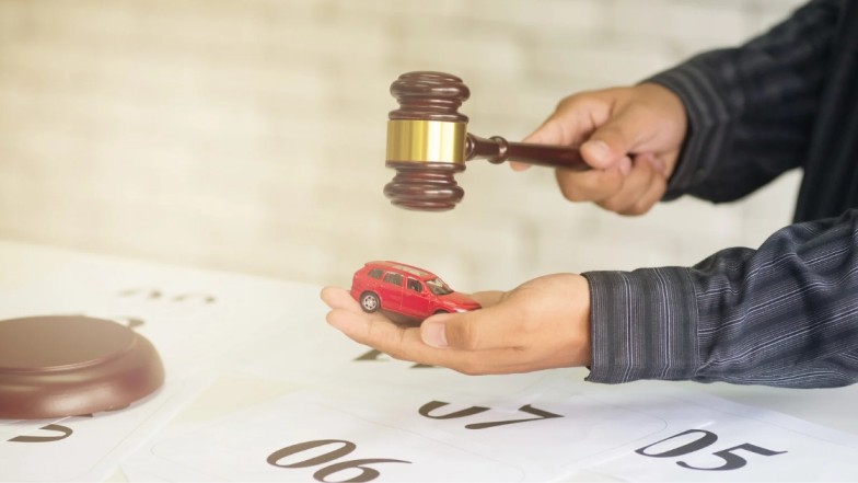 Car accident laws in Austin represented with gavel, law book, and car model
