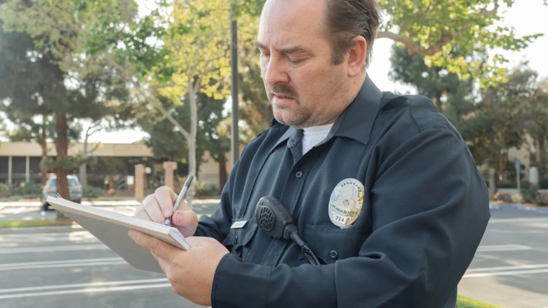 Police officer investigating a New York bus accident scene